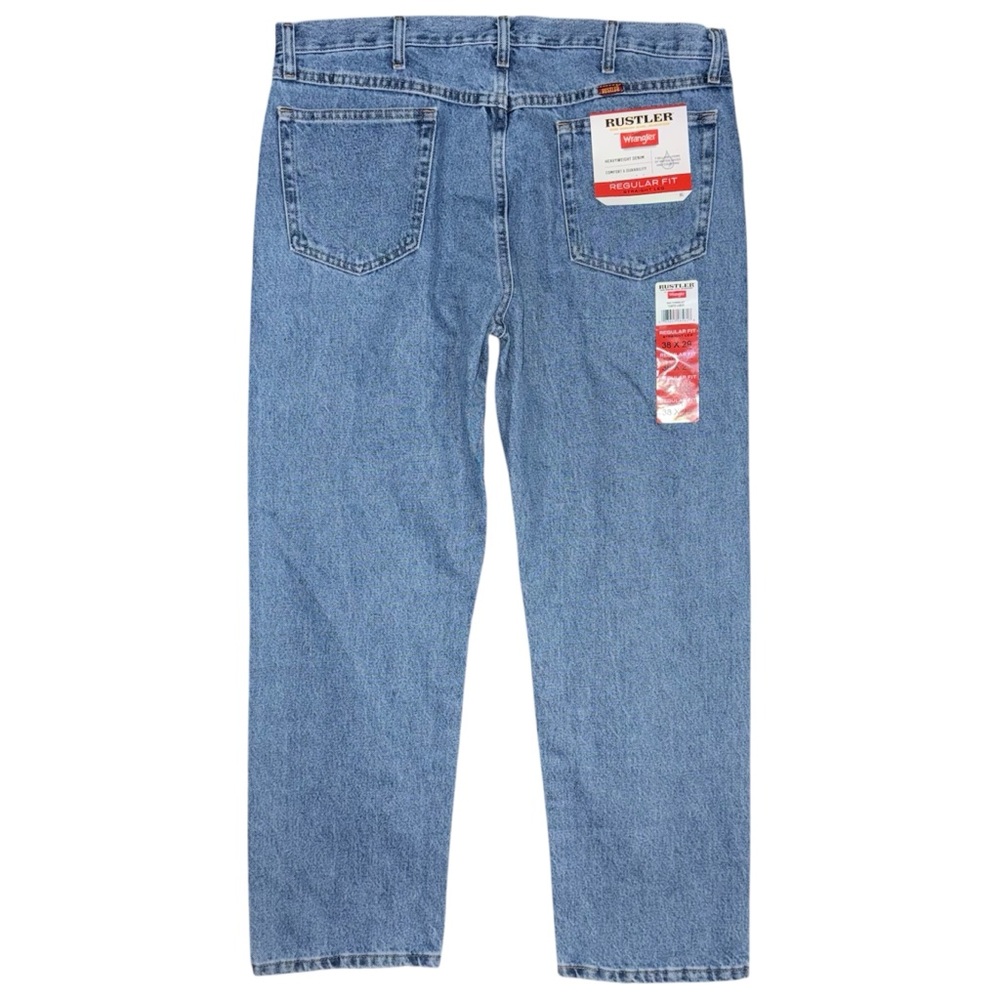 NWT Rustler by Wrangler Men’s Straight Leg Jeans 38x29 Medium Wash 100% Cotton - Picture 2 of 8